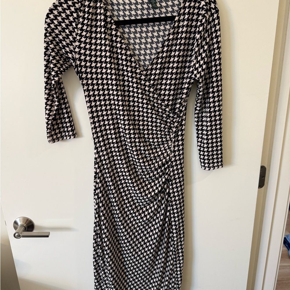 Lauren Ralph Lauren Black and White Houndstooth Long Sleeve Dress